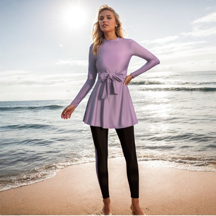 Full Coverage Burkini Set - Modest Swimsuit Long Sleeve Tunic Top with Legging